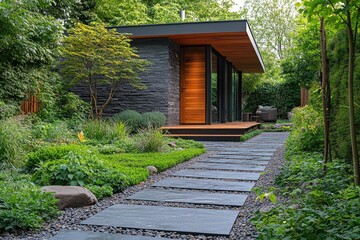 Fototapeta premium Modern garden room with slate tile path and lush landscaping