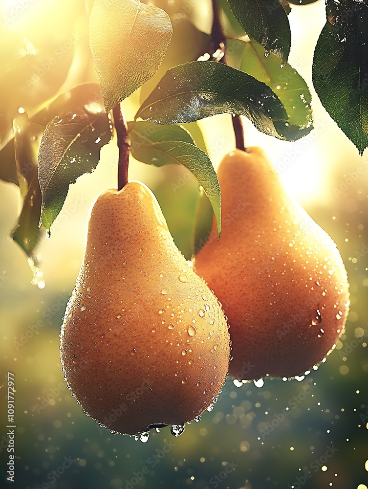 Aufkleber ripe pears hanging on tree with dew drops and sunlight : generative ai