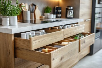 Open drawers showing spices and food in modern kitchen