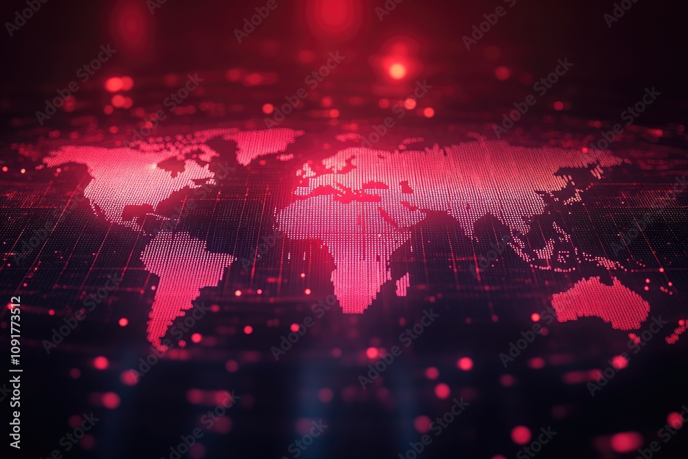 Fototapete glowing red world map showing global connections and data flow