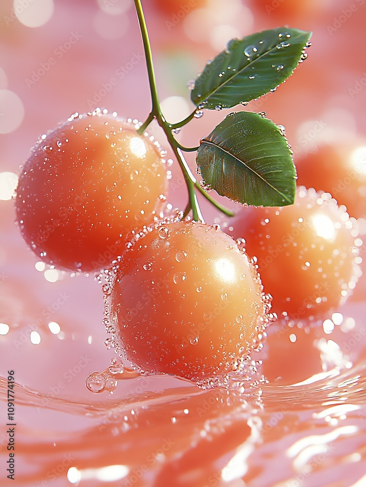 Poster Cluster of Dewy Apples on Reflective Wet Surface Captured Up Close : Generative AI
