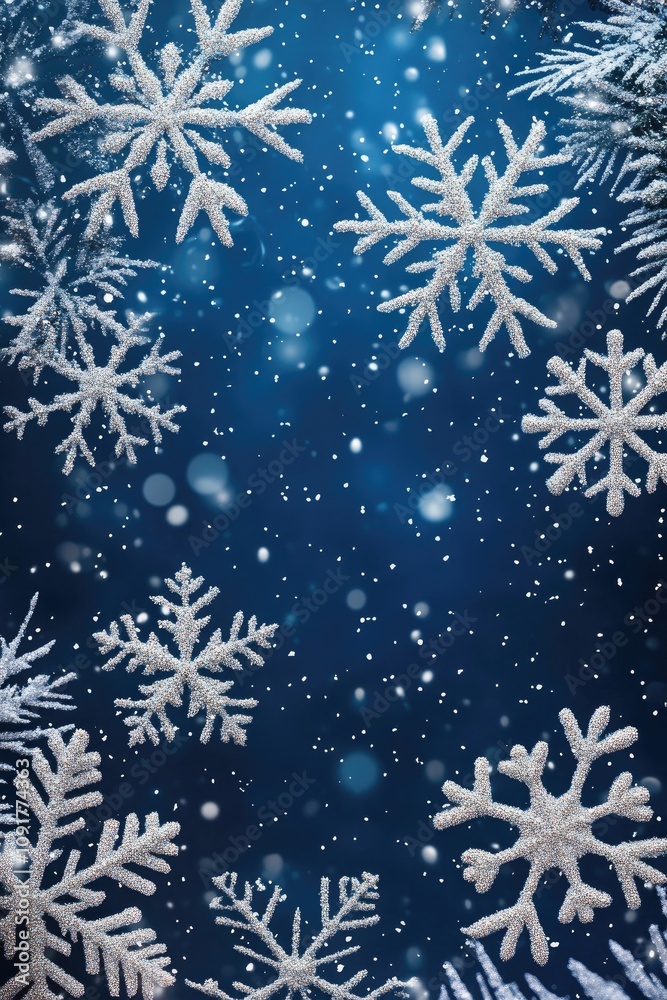Poster snowflakes falling on dark blue winter background with fir tree branches