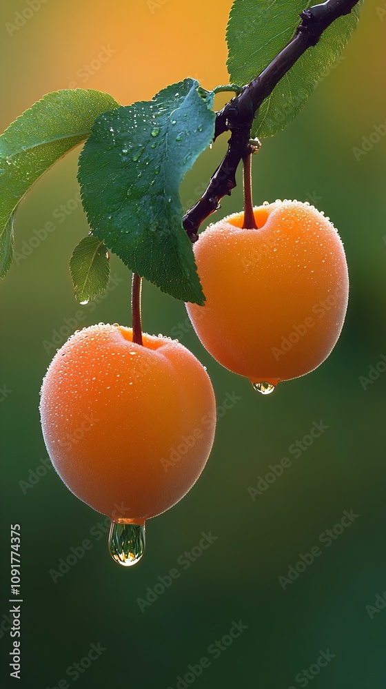 Poster dew covered apricots on tree branch with leaf in morning sunlight : generative ai