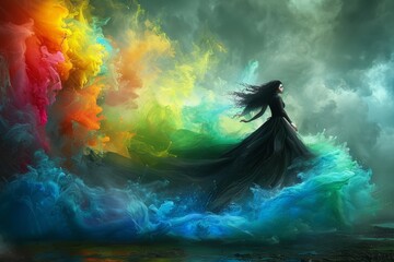 Vibrant colors swirl around a figure in dark attire, creating a striking contrast against an ominous sky in an ethereal landscape