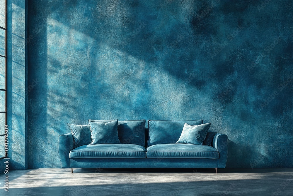 Poster modern blue sofa in a minimalist living room with textured wall and window light creating shadows