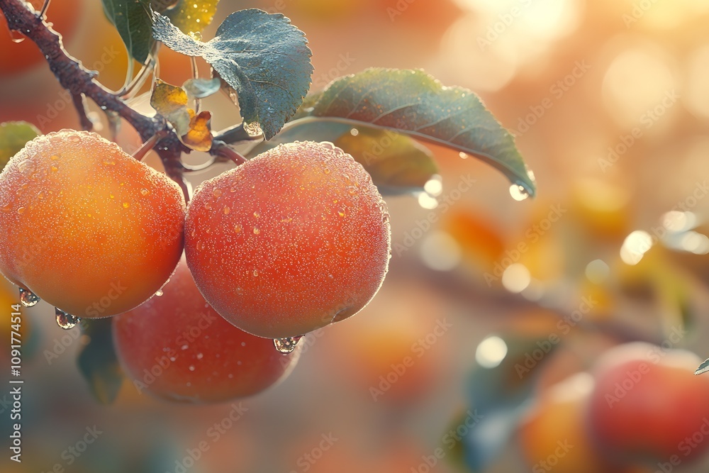 Poster dew covered ripe apples hanging from a tree in warm sunlight : generative ai