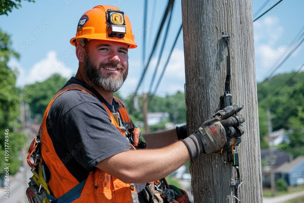Aufkleber lineman working on electrical pole installing fiber optic cable smiling at camera