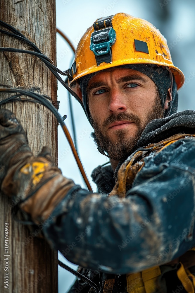 Aufkleber lineman working on power lines in winter conditions