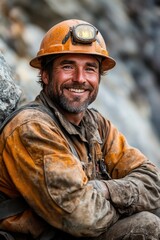 Obraz premium Smiling miner wearing orange jumpsuit and hard hat posing with crossed arms