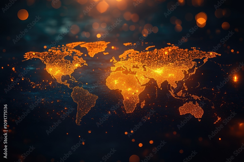 Aufkleber world map shining with digital orange particles on dark background