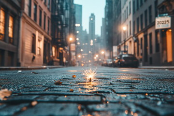 Obraz premium Sparkler on Wet Cobblestone Street in Cityscape at Dawn with Glowing Lights and Urban Ambiance