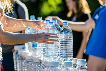 aid volunteer giving water to people in need