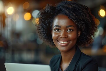 Fototapeta premium African Businesswoman Smiling While Working on Laptop