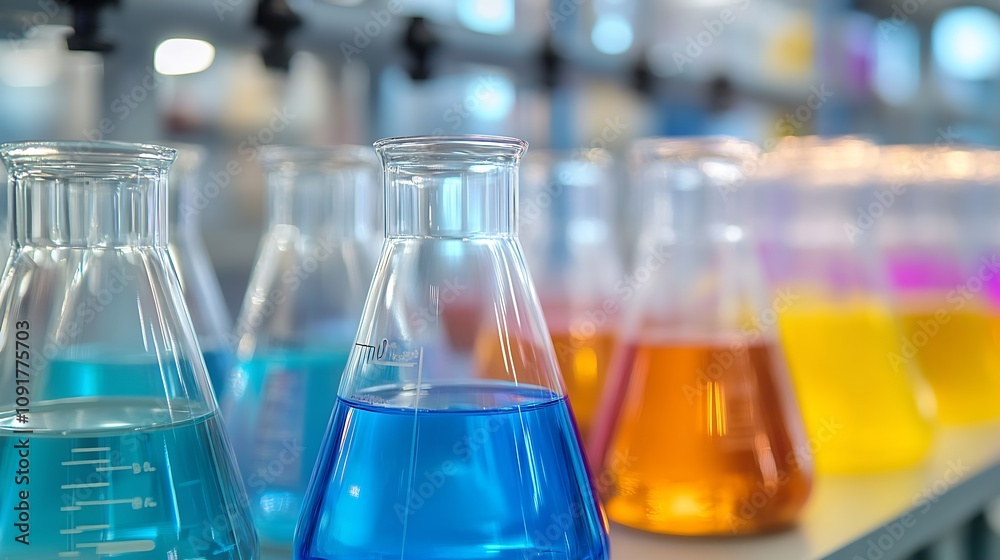 Poster assorted laboratory beakers with colorful chemical mixtures on shelves : generative ai