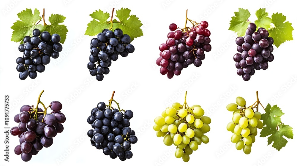 Poster assorted grapes bunches with green leaves isolated on white : generative ai
