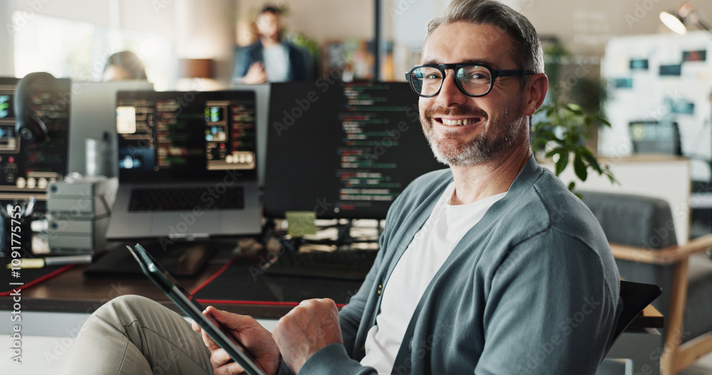 Poster Programmer, happy businessman and portrait with tablet for software development, ai database and code online. Engineer, face and mature manager on digital technology with glasses in creative startup
