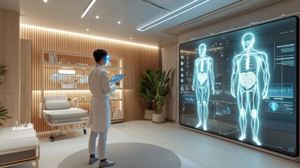 Doctor using augmented reality technology to show a 3D model of the human body to a patient