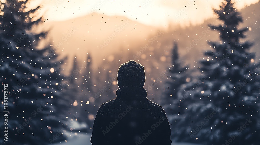 Aufkleber back view of person standing amidst falling snow in snowy forest at dusk : generative ai