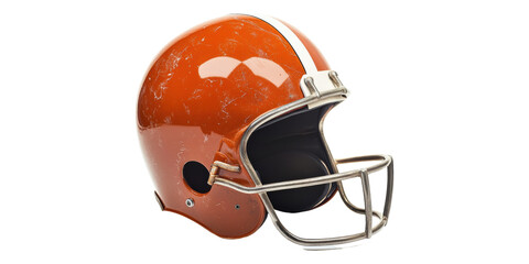Fototapeta premium Orange Football Helmet With White Stripes Isolated on Transparent Background.