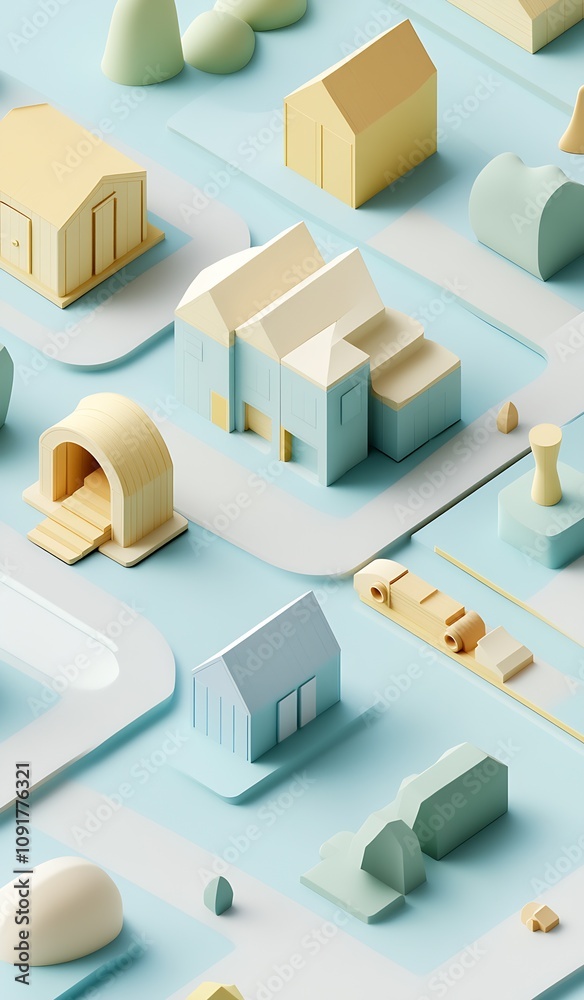 Aufkleber Isometric City Design in Soft Hues Featuring Unique Architectural Structures and Layout : Generative AI