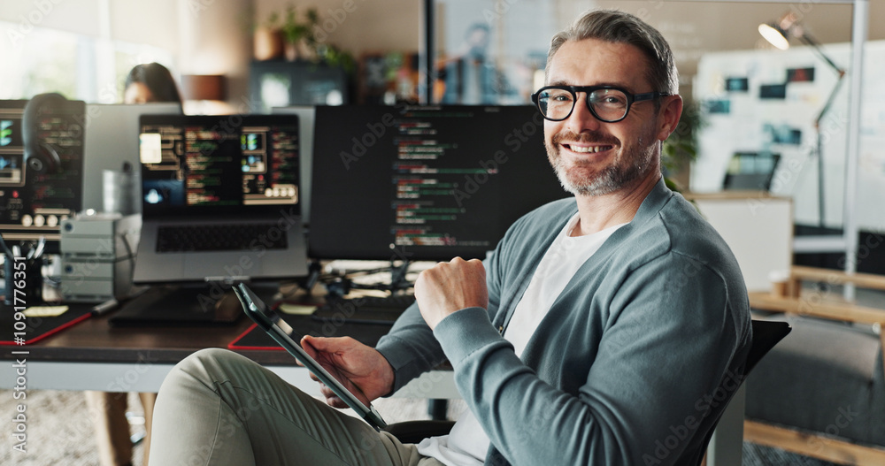 Poster Programmer, business man and portrait with tablet for software development, ai database and code online. Engineer, happy face and mature manager on digital technology with glasses in creative startup
