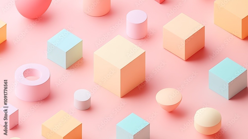 Poster assorted pastel geometric figures on pink surface in minimalist style : generative ai