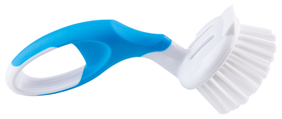 Hand scrub brush. Blue and white dish washing scrubbing cleaner. Kitchen tool for household utensils and dish. Isolated white background. Reusable manual dishwasher grip handle for sink. Bristle tool.