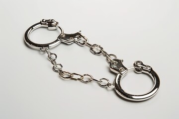 Obraz premium Silver handcuffs connected by a short chain, isolated on a clean white background.