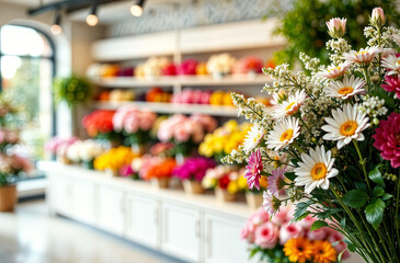 A flower shop with a close-up bouquet and blurred storefronts with space for copying