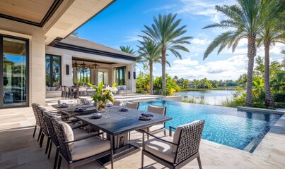 Fototapeta premium Elegant Outdoor Dining Area Overlooking a Serene Pool and Palm Trees in a Luxurious Coastal Residence During a Sunny Day