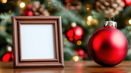 a photo frame and red ornaments on a table