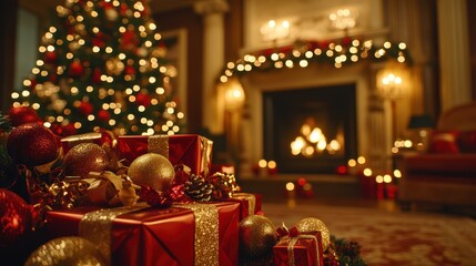 christmas tree in living room with presents and fireplace