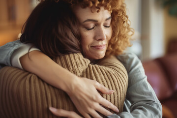 Obraz premium Emotional embrace between two women expressing comfort, empathy, and support in a warm domestic environment during a heartfelt moment of connection