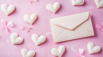Obraz premium White Hearts and Envelope on Pink Background