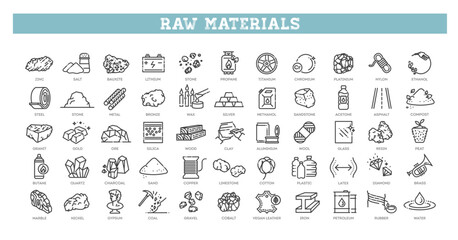 Raw materials icon set. Critical mineral resource outline icons