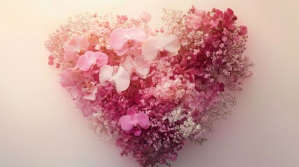Obraz premium A heart-shaped floral arrangement featuring a mix of pink roses, orchids, and wildflowers, adorned with delicate dew drops. The design rests on a clean white background, exuding elegance and romantic 