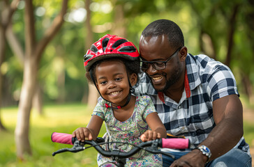 Fototapeta premium Man and a little girl are riding a bike together in a park. The man is wearing glasses and the girl is wearing a helmet. They both seem to be enjoying themselves and smiling