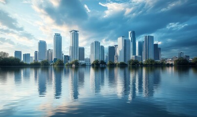 Fototapeta premium Flooded city skyline reflecting in water, showcasing climate change impact