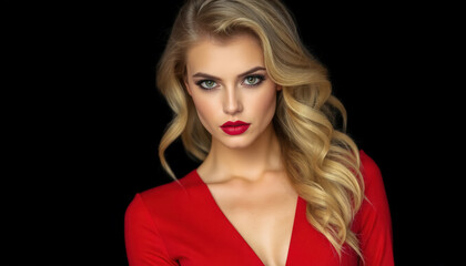 Fototapeta premium Portrait Attractive young woman in red dress. Outfit for New Year's party.