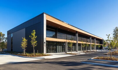 Obraz premium Modern Warehouse Exterior with Parking Lot Under Clear Blue Sky for Commercial Use