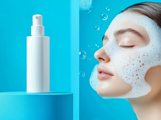 A white cosmetic bottle on a bright blue background stands on the podium. In the second half of the picture, a beautiful female face with foam bubbles. Minimalistic photo style