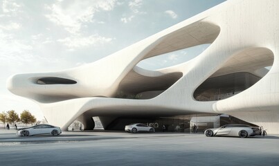 Fototapeta premium Futuristic Concrete Architecture with Spacious Car Park for Modern Urban Planning
