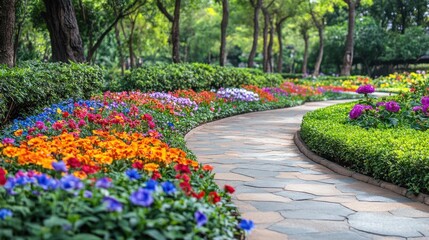 Obraz premium Vibrant flower beds bursting with colors, bordered by lush greenery and a winding stone path.