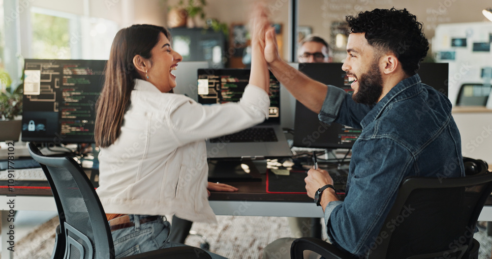 Poster Team, employee high five and smile for coding, programing and software engineer system update. Celebration, creative people and happy for project management success, partnership and data development