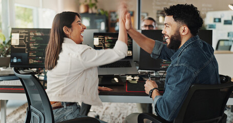 Team, employee high five and smile for coding, programing and software engineer system update....