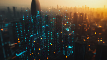Obraz premium Smart digital Innovation Business skyscrapers in the Financial District with connection network reciprocity over the cityscape. of future smart wireless digital city and social media networking