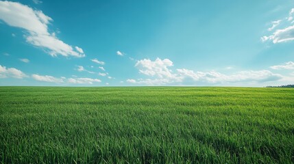 Obraz premium Wide shot of a lush green field under a bright blue sky, showcasing ground textures.