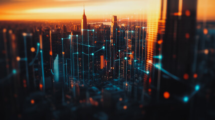 Fototapeta premium Smart digital Innovation Business skyscrapers in the Financial District with connection network reciprocity over the cityscape. of future smart wireless digital city and social media networking