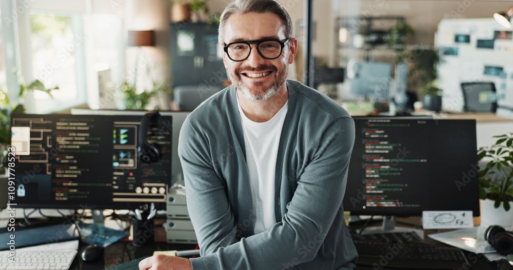 Poster Man, programmer and glasses in office for portrait, web development or software engineering on screen. Mature coder, happy or tech in agency for cybersecurity, programming or smile for startup growth
