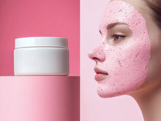 White cosmetic mask jar on bold pink background with a young woman's face in pink clay mask. Minimalistic photo style.